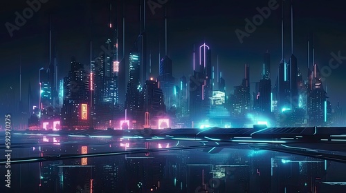 An image of a futuristic city skyline at night, with neon lights and glowing buildings - Generative AI