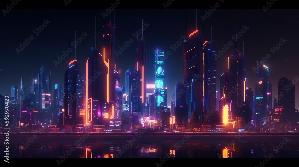 An image of a futuristic city skyline at night, with neon lights and glowing buildings - Generative AI