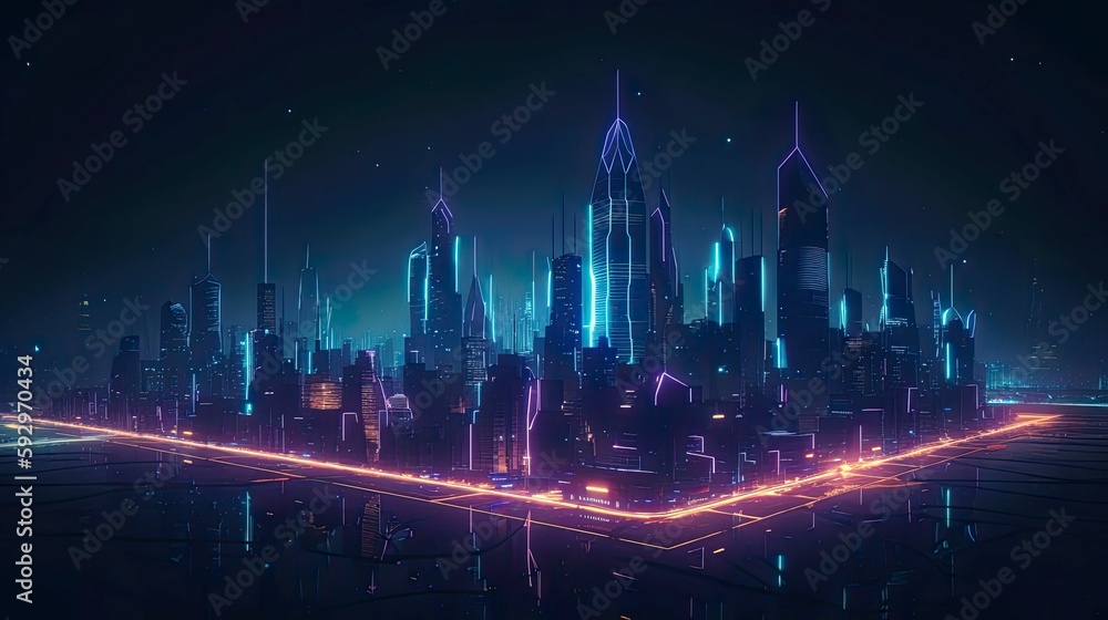 An image of a futuristic city skyline at night, with neon lights and glowing buildings - Generative AI