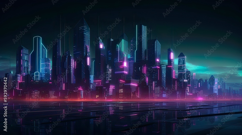 An image of a futuristic city skyline at night, with neon lights and glowing buildings - Generative AI An image of a futuristic city skyline at night, with neon lights and glowing buildings - Generative AI