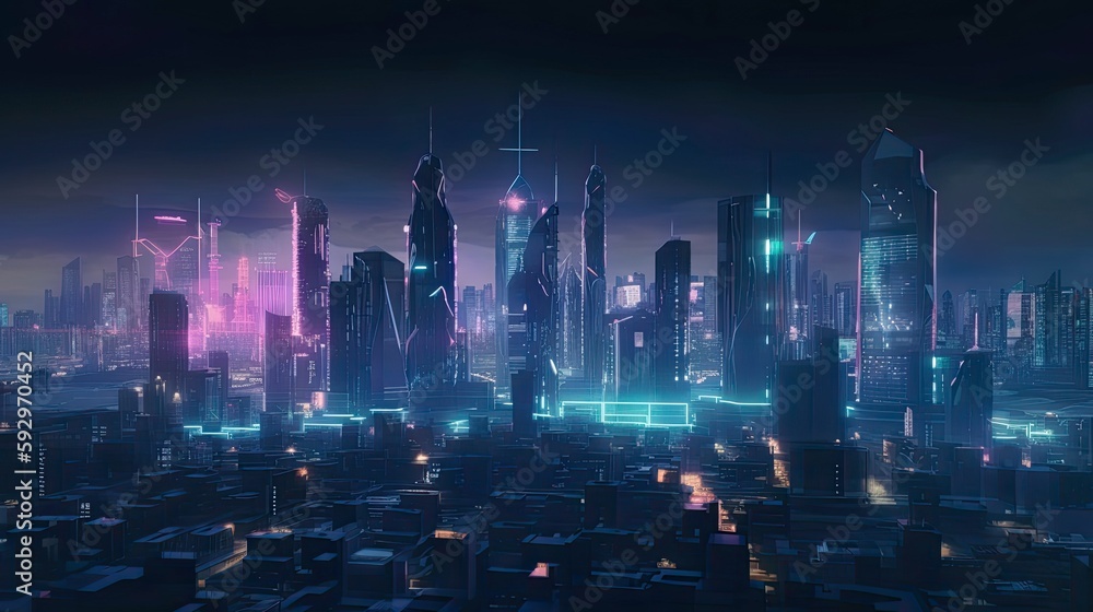 An image of a futuristic city skyline at night, with neon lights and glowing buildings - Generative AI