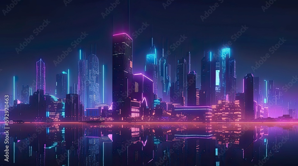 An image of a futuristic city skyline at night, with neon lights and glowing buildings - Generative AI