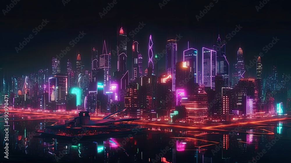 An image of a futuristic city skyline at night, with neon lights and glowing buildings - Generative AI