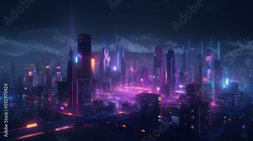 An image of a futuristic city skyline at night  with neon lights and glowing buildings - Generative AI