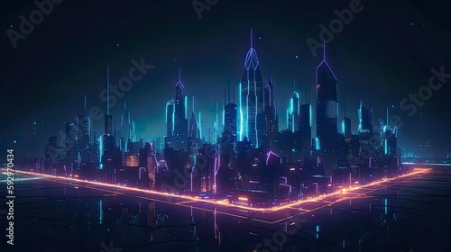 An image of a futuristic city skyline at night, with neon lights and glowing buildings - Generative AI