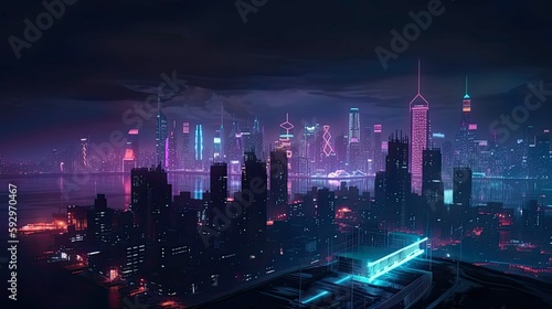 An image of a futuristic city skyline at night, with neon lights and glowing buildings - Generative AI