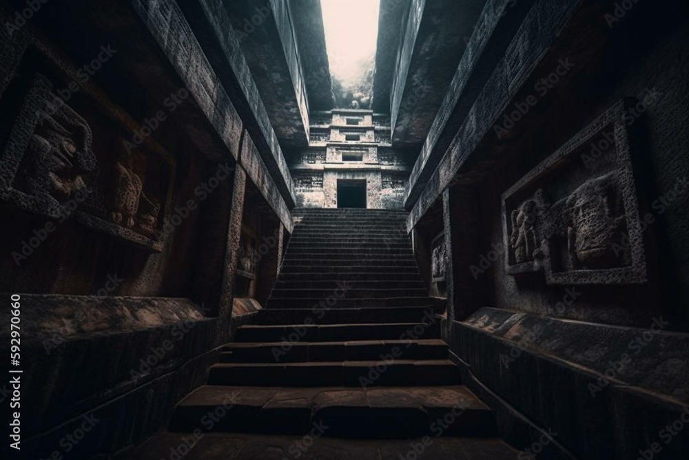 Inside the secret Chichen Itza Pyramid. Inaccessible to the public Mayan pyramid interiors illuminated by natural light falling through the gaps. Open roof with night sky. Wallpaper. Generative AI