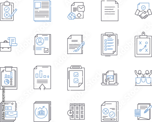 law agency outline icons collection. Law Firm, Lawyer, Practice, Attorney, Solicitors, Barristers, Chambers vector and illustration concept set. Counsel, Prosecution, Jurisprudence linear signs