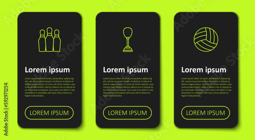 Set line Bowling pin, Punching bag and Volleyball ball. Business infographic template. Vector