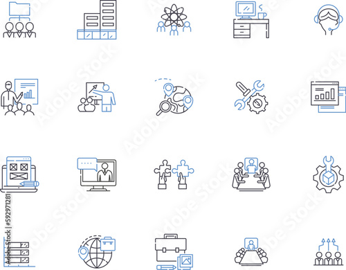 Outsourcing company outline icons collection. outsourcing, company, consultancy, provider, contractor, supplier, specialist vector and illustration concept set. service, offshoring, staff-leasing