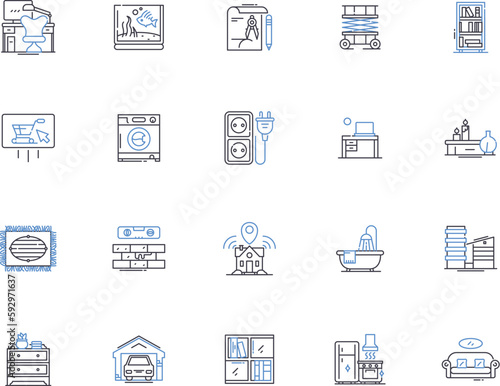 Home renovation outline icons collection. Renovation, Home, Improvement, Repair, Remodel, Redesign, Expansion vector and illustration concept set. Modernizing, Upgrade, Refurbishment linear signs