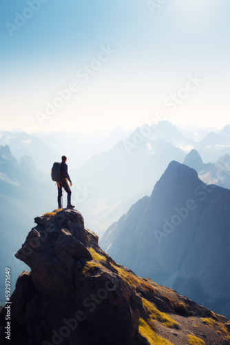 Man standing on top of mountain with backpack on his back. Generative AI.