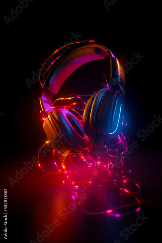 Pair of headphones sitting on top of table covered in lights. Generative AI.