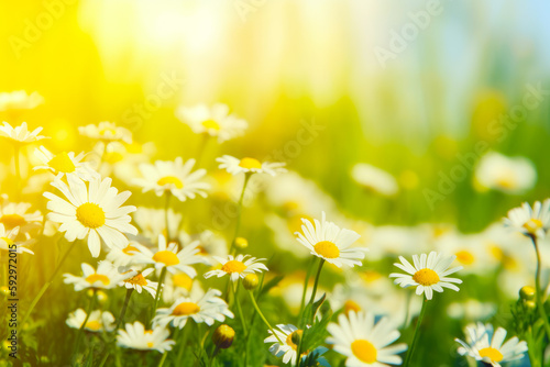 Field full of white daisies with the sun shining in the background. Generative AI. © valentyn640