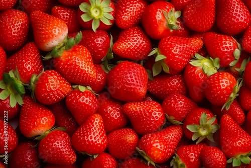 Close up of bunch of strawberries with green leaves on them. Generative AI.