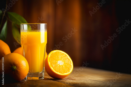 Glass of orange juice next to two oranges on wooden table. Generative AI.