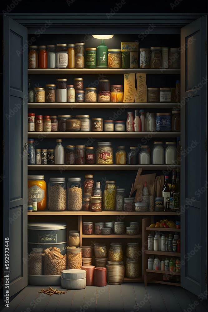 A panoramic shot of a well-stocked pantry with neatly organized shelves of spices, grains, and canned goods.