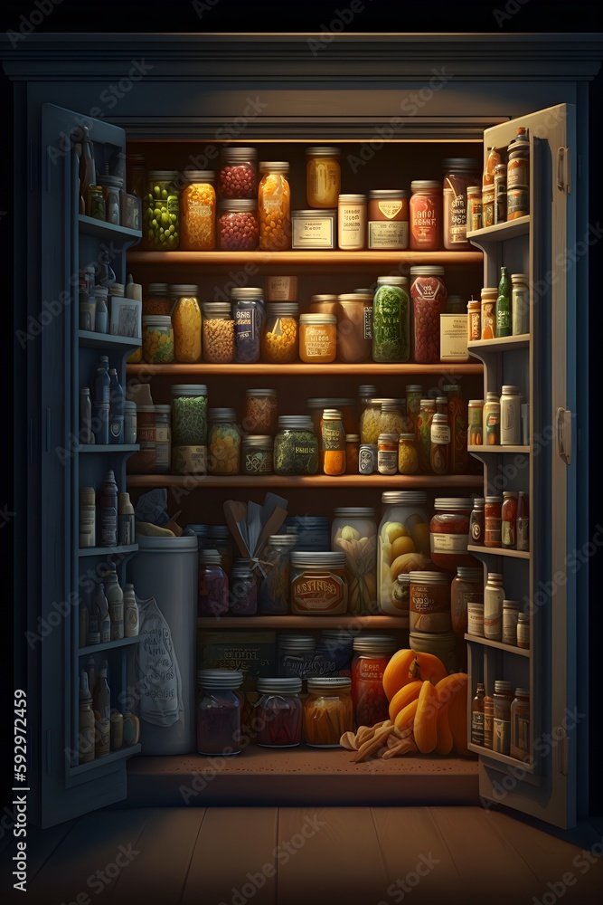 A panoramic shot of a well-stocked pantry with neatly organized shelves of spices, grains, and canned goods.