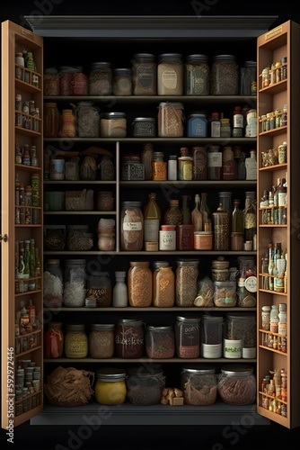 Wallpaper Mural A panoramic shot of a well-stocked pantry with neatly organized shelves of spices, grains, and canned goods. Torontodigital.ca