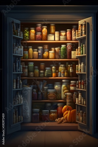 A panoramic shot of a well-stocked pantry with neatly organized shelves of spices, grains, and canned goods.