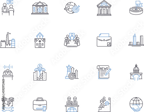 Government outline icons collection. Authority, Legislation, Bureaucracy, Democracy, Regulation, Rule, Security vector and illustration concept set. Economics, Politics, Law linear signs