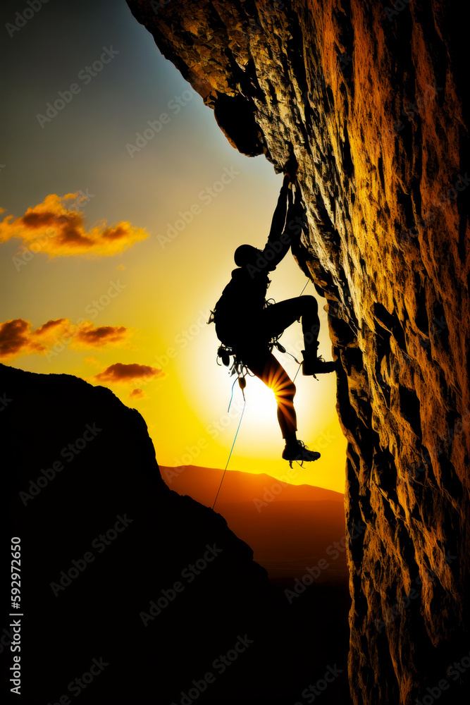 Man climbing up the side of mountain with sunset in the background. Generative AI. - obrazy, fototapety, plakaty 