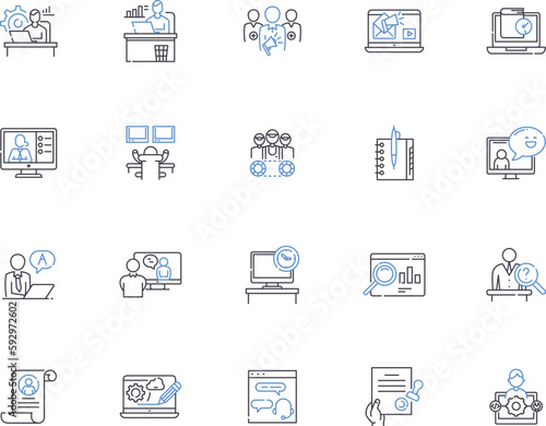 Working outline icons collection. Employing, Occupying, Laboring, Functioning, Earning, Performing, Executing vector and illustration concept set. Operating,Plying,Acting linear signs