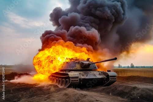 Tank with lot of fire coming out of it's back. Generative AI. © valentyn640