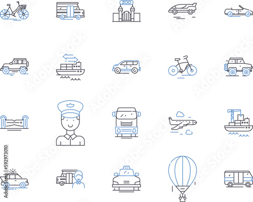 Transport and travel outline icons collection. Logistics, Planes, Boats, Trains, Roads, Ridesharing, Buses vector and illustration concept set. Autos, Taxis, Cabs linear signs