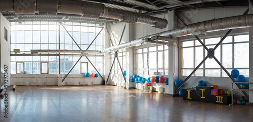 Large, spacious sports hall for training and physical education. Panoramic photo