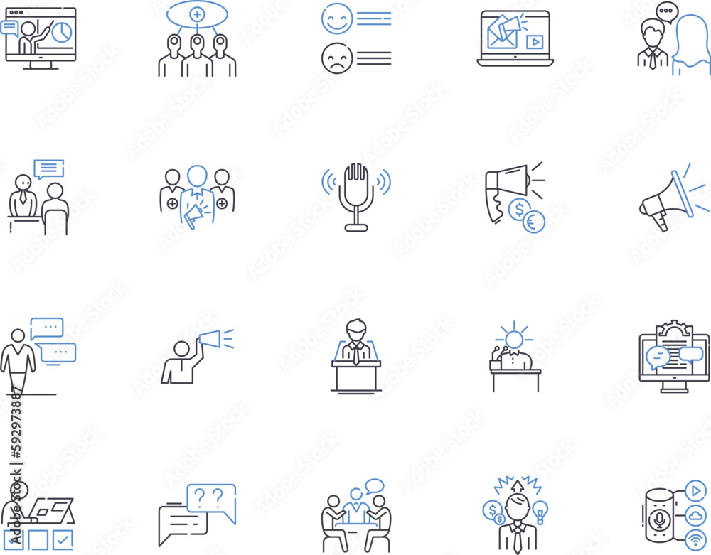 Speech outline icons collection. Speaking, Oratory, Reciting, Rhetoric, Elocution, Pronunciation, Vocalizing vector and illustration concept set. Intonation, Invective, Utterance linear signs Speech outline icons collection. Speaking, Oratory, Reciting, Rhetoric, Elocution, Pronunciation, Vocalizing vector and illustration concept set. Intonation, Invective, Utterance linear signs
