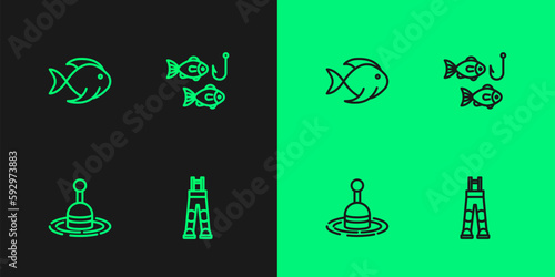 Set line Fisherman pants, Fishing float in water, and hook with fish icon. Vector