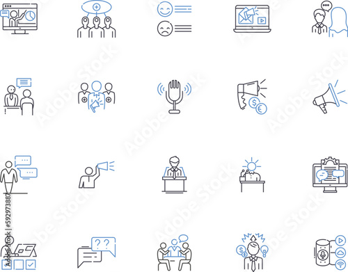 Speech outline icons collection. Speaking, Oratory, Reciting, Rhetoric, Elocution, Pronunciation, Vocalizing vector and illustration concept set. Intonation, Invective, Utterance linear signs