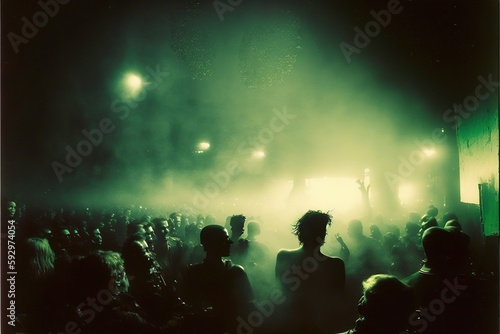 Nightclub with misty smoke environment, dreamy silhouette crowd dancing along with the music, rave party with techno theme with DJ live performance in music festival. Superb Generative AI. photo