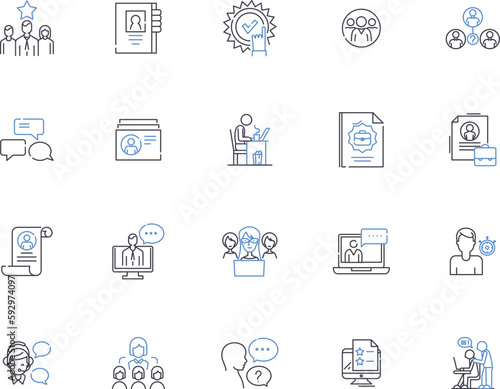 Recruitment outline icons collection. Hiring, Interviews, Staffing, Job-seeking, CVs, Candidates, Skills vector and illustration concept set. Resumes, Networking, Outreach linear signs