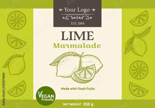 Lime marmalade cover design with hand drawn pictures. Vector Illustration. 