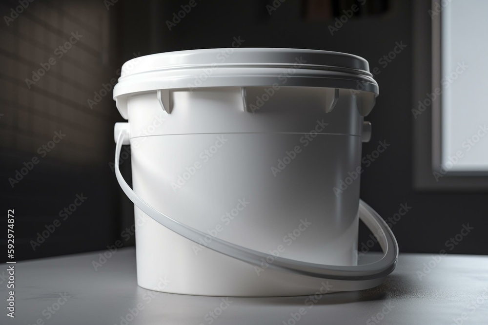 Blank white paint bucket mockup isolated, front view, 3d rendering