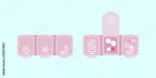 Empty and filled with pills pharmacy daily pill boxes, pink plastic medical boxes. Flat style vector illustration