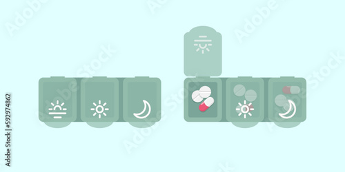 Empty and filled with pills pharmacy daily pill boxes, green plastic medical boxes. Flat style vector illustration 