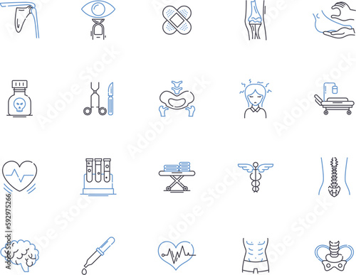 Hospital outline icons collection. Hospital, Clinic, Facility, Care, Treatment, Medicine, Ward vector and illustration concept set. Emergency, Surgery, Illness linear signs