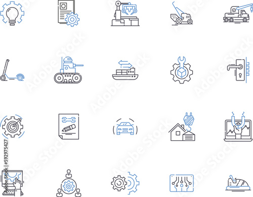 Mechanics outline icons collection. Mechanics, Repair, Motor, Automotive, Engineering, Torque, Friction vector and illustration concept set. Restitution, Dynamics, Force linear signs