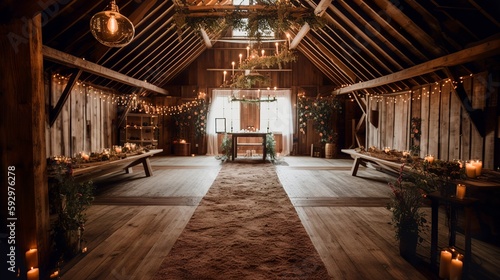 Cozy bohemian and vintage wedding decoration in a barn, with dried flowers, AI generated