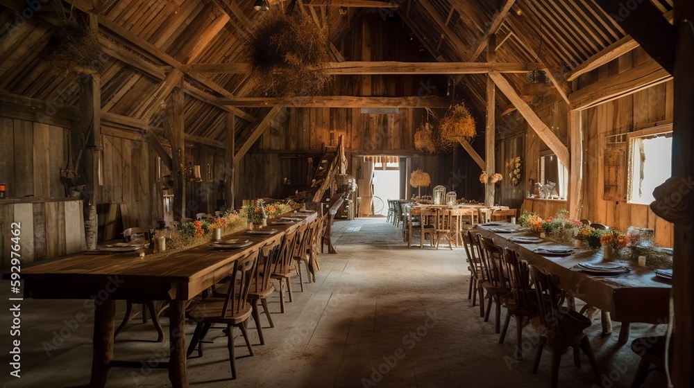 Cozy bohemian and vintage wedding decoration in a barn, with dried flowers, AI generated