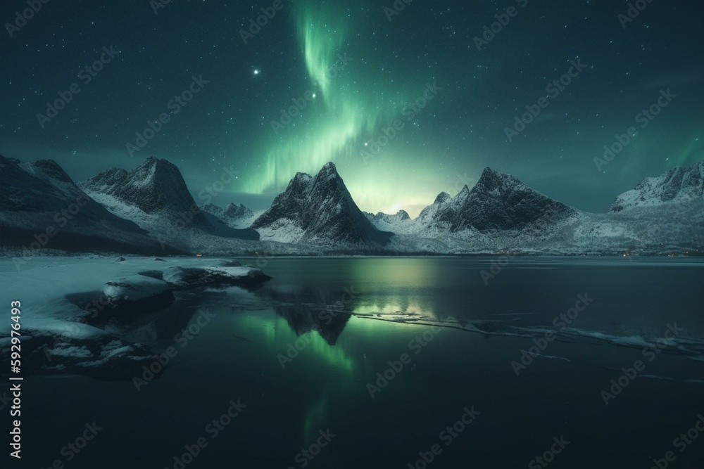 Northern lights at sea. Aurora borealis AI Generative. Snowy mountains in aurora Polaris. Starry sky during northern lights on lofoten islands. Aurora Polaris or Aurora borealis in. Generative AI Northern lights at sea. Aurora borealis AI Generative. Snowy mountains in aurora Polaris. Starry sky during northern lights on lofoten islands. Aurora Polaris or Aurora borealis in. Generative AI