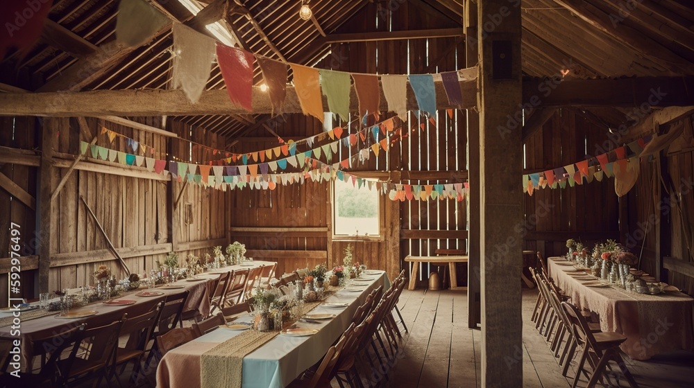 Cozy and festive wedding decor interior in a barn, AI generated 