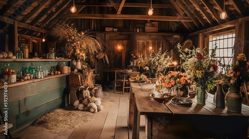 Cozy bohemian and vintage wedding decoration in a barn, with dried flowers, AI generated