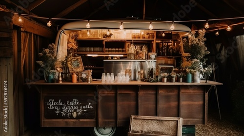 Cozy vintage wedding van bar with lights, AI generated