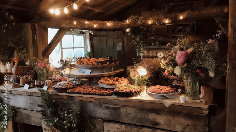 Cozy rustic wedding decor table with cakes, AI generated 