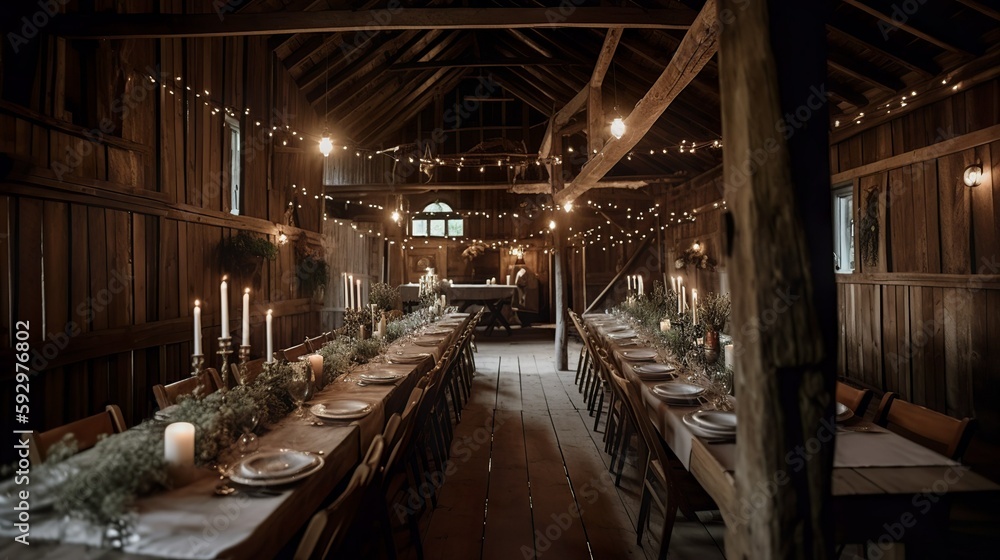Vintage and rustic wedding decoration interior in a barn, AI generated 