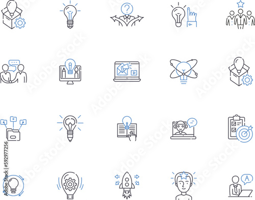 Idea generation outline icons collection. Ideas, Generation, Brainstorming, Creativity, Innovation, Inventing, Thinking vector and illustration concept set. Originality, Thought, Design linear signs